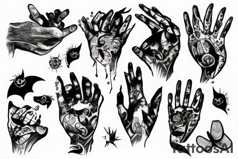 Hand, kat, bat tattoo idea