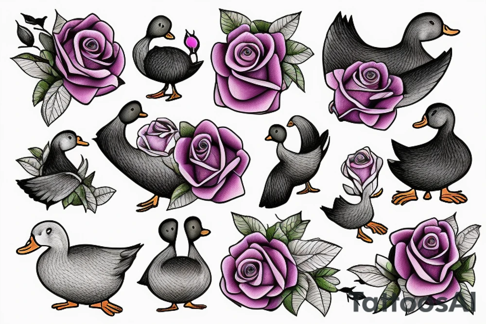 a rose with a duck and a sloth in front of a purple heart tattoo idea
