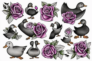 a rose with a duck and a sloth in front of a purple heart tattoo idea