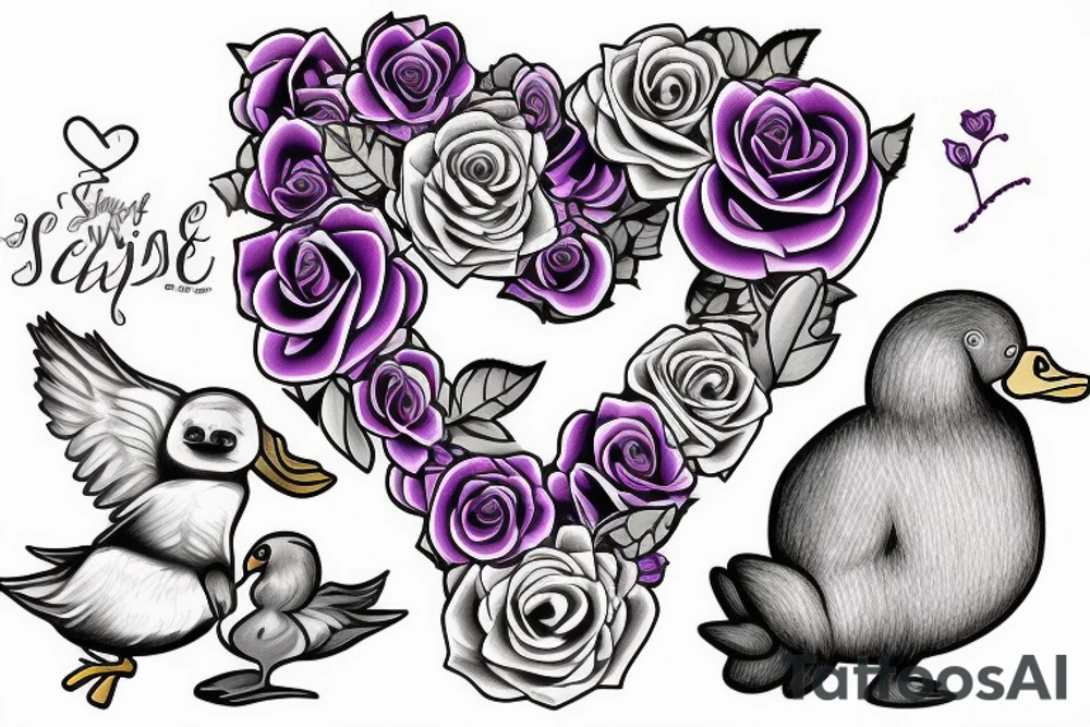 a rose with a duck and a sloth in front of a purple heart tattoo idea