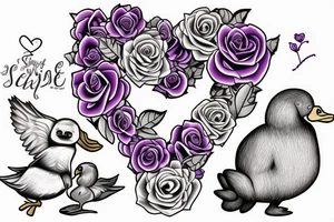 a rose with a duck and a sloth in front of a purple heart tattoo idea