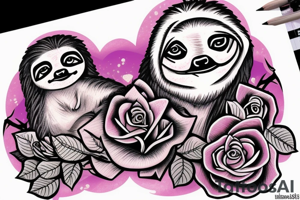 a sloth and a chick sitting on a rose in front of a purple heart tattoo idea