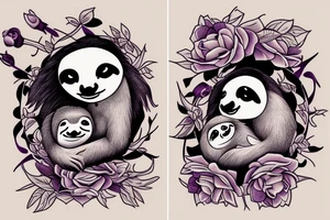 a sloth and a chick sitting on a rose in front of a purple heart tattoo idea