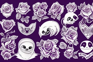 1 sloth, 1 chick, purple heart, rose tattoo idea