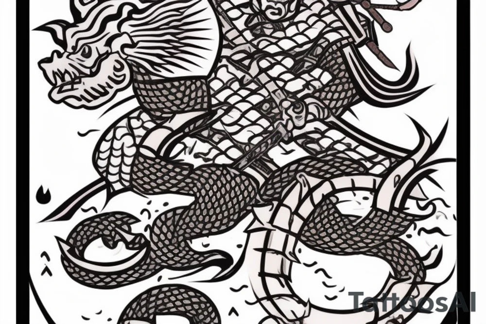 japanese samurai with katana with head down. Around cherry petals, and around him a Japanese dragon. There's a fish under it tattoo idea
