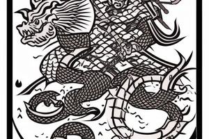 japanese samurai with katana with head down. Around cherry petals, and around him a Japanese dragon. There's a fish under it tattoo idea