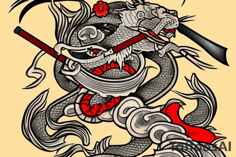 japanese samurai with katana with head down. Around cherry petals, and around him a Japanese dragon. There's a fish under it tattoo idea