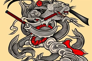 japanese samurai with katana with head down. Around cherry petals, and around him a Japanese dragon. There's a fish under it tattoo idea
