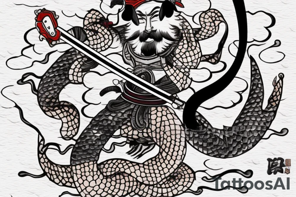 japanese samurai with katana with head down. Around cherry petals, and around him a Japanese dragon. There's a fish under it tattoo idea