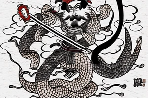 japanese samurai with katana with head down. Around cherry petals, and around him a Japanese dragon. There's a fish under it tattoo idea