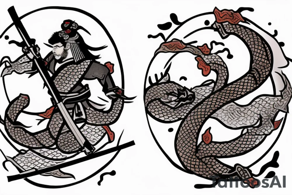 japanese samurai with katana with head down. Around cherry petals, and around him a Japanese dragon. There's a fish under it tattoo idea