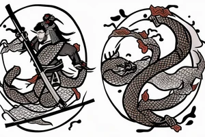 japanese samurai with katana with head down. Around cherry petals, and around him a Japanese dragon. There's a fish under it tattoo idea