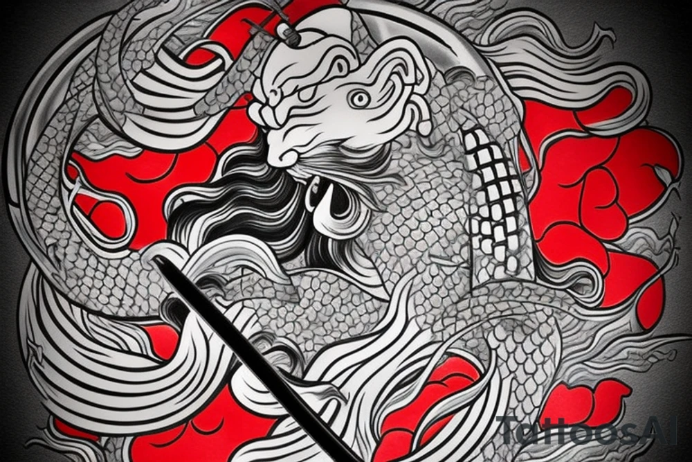 japanese samurai with katana with head down. Around cherry petals, and around him a Japanese dragon. There's a fish under it tattoo idea