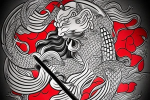japanese samurai with katana with head down. Around cherry petals, and around him a Japanese dragon. There's a fish under it tattoo idea