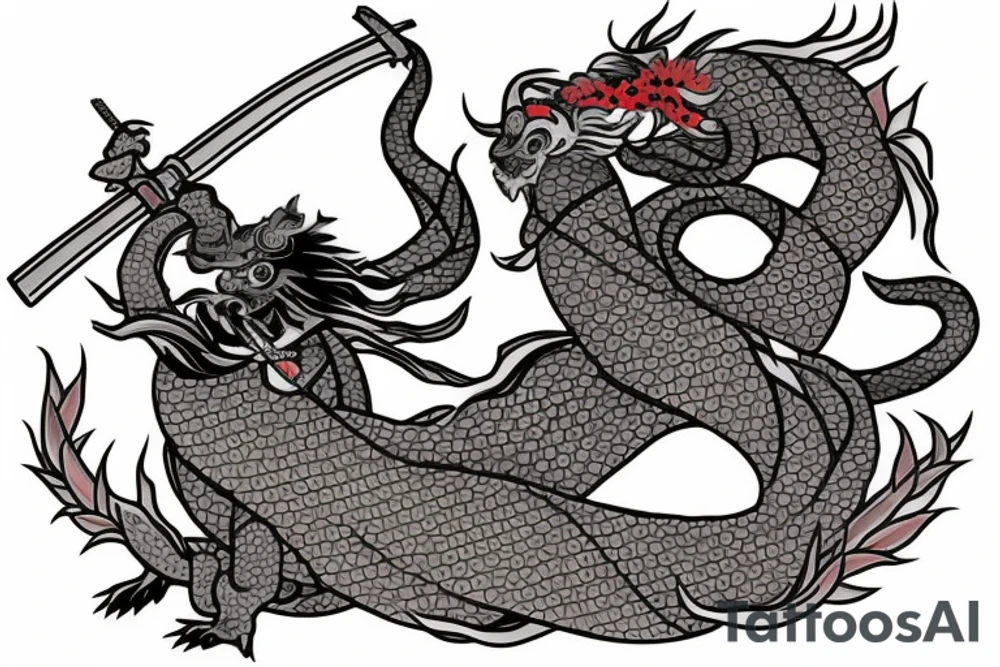 japanese samurai with katana with head down. Around cherry petals, and around him a Japanese dragon. There's a fish under it tattoo idea