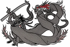 japanese samurai with katana with head down. Around cherry petals, and around him a Japanese dragon. There's a fish under it tattoo idea