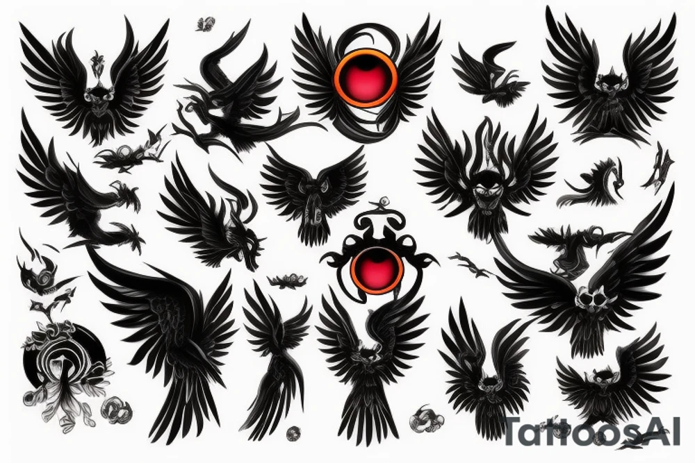 black fenix with red eyes with giant wings in clouds tattoo idea