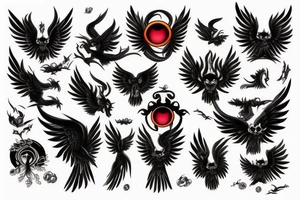 black fenix with red eyes with giant wings in clouds tattoo idea