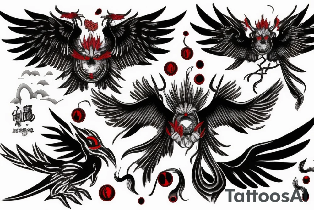 black fenix with red eyes with giant wings in clouds tattoo idea