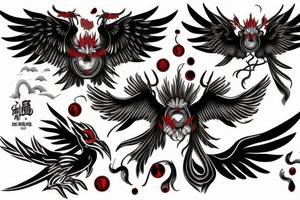 black fenix with red eyes with giant wings in clouds tattoo idea