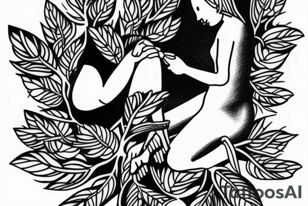 A faceless person mending a sock while sitting on a branch of a tree that is being watered by another faceless person tattoo idea