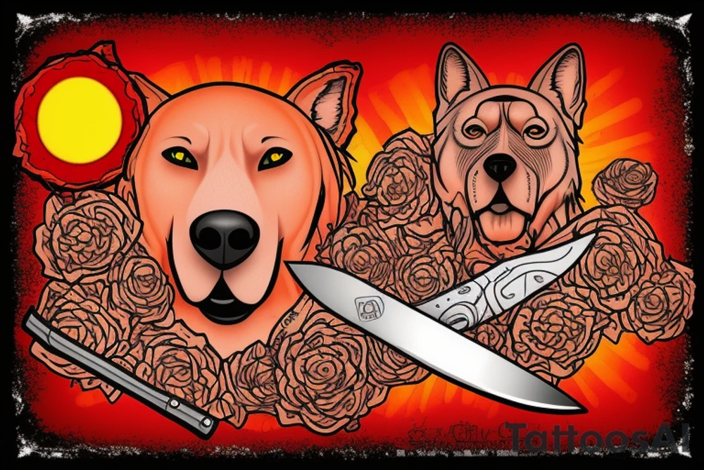 red dog with a knife in hand and red sunset behind it tattoo idea