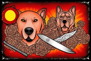 red dog with a knife in hand and red sunset behind it tattoo idea