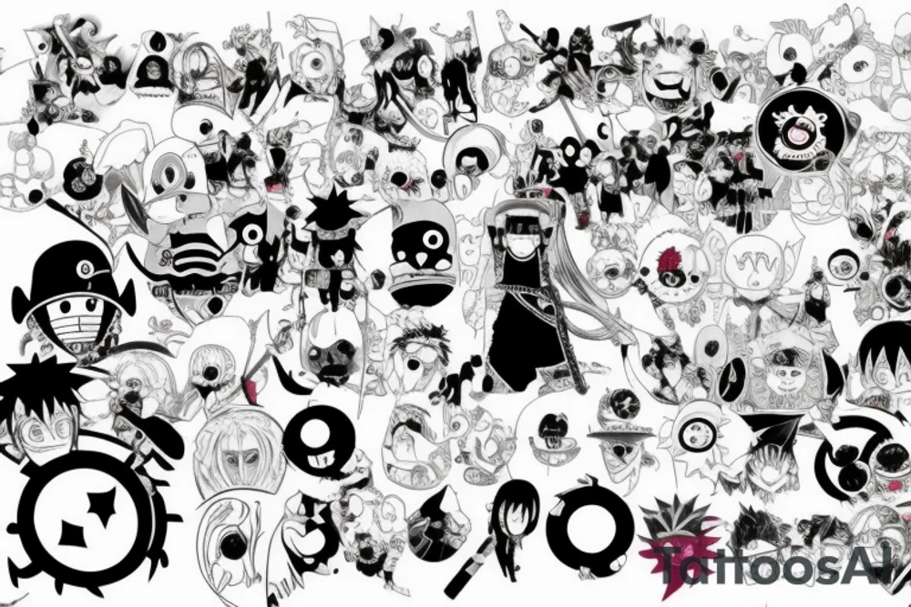 Mix of Animes like Naruto Sharingan, One Piece Strawhat, White beard Jolly Roger, A guitar and disney tattoo idea