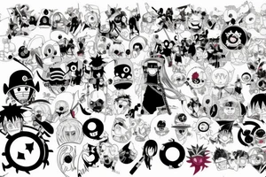 Mix of Animes like Naruto Sharingan, One Piece Strawhat, White beard Jolly Roger, A guitar and disney tattoo idea