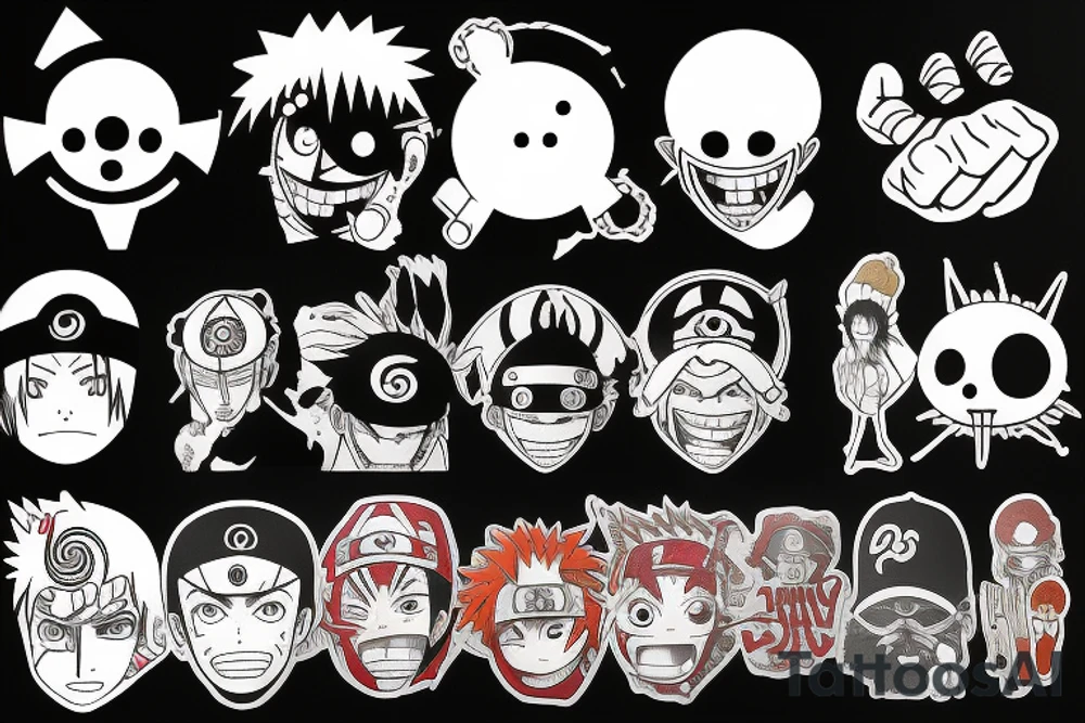 Mix of Animes like Naruto Sharingan, One Piece Strawhat, White beard Jolly Roger, A guitar and disney tattoo idea