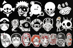 Mix of Animes like Naruto Sharingan, One Piece Strawhat, White beard Jolly Roger, A guitar and disney tattoo idea