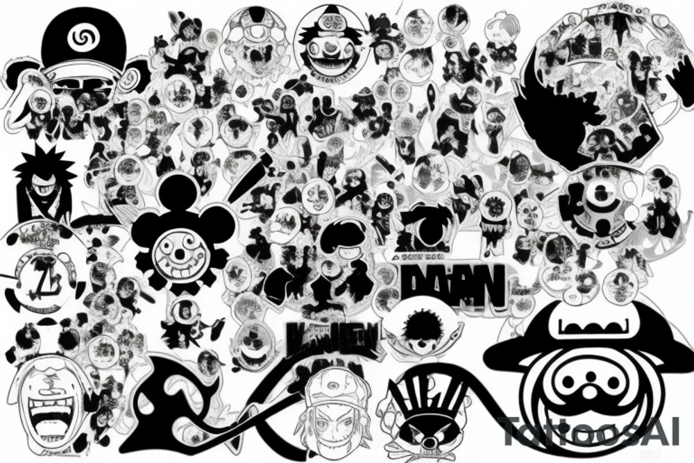 Mix of Animes like Naruto Sharingan, One Piece Strawhat, White beard Jolly Roger, A guitar and disney tattoo idea