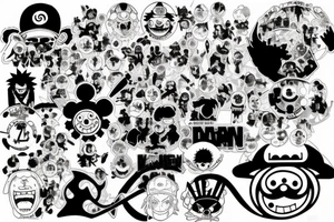 Mix of Animes like Naruto Sharingan, One Piece Strawhat, White beard Jolly Roger, A guitar and disney tattoo idea