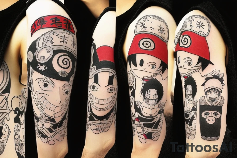 Mix of Animes like Naruto Sharingan, One Piece Strawhat, White beard Jolly Roger, A guitar and disney tattoo idea