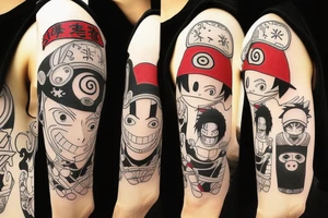 Mix of Animes like Naruto Sharingan, One Piece Strawhat, White beard Jolly Roger, A guitar and disney tattoo idea