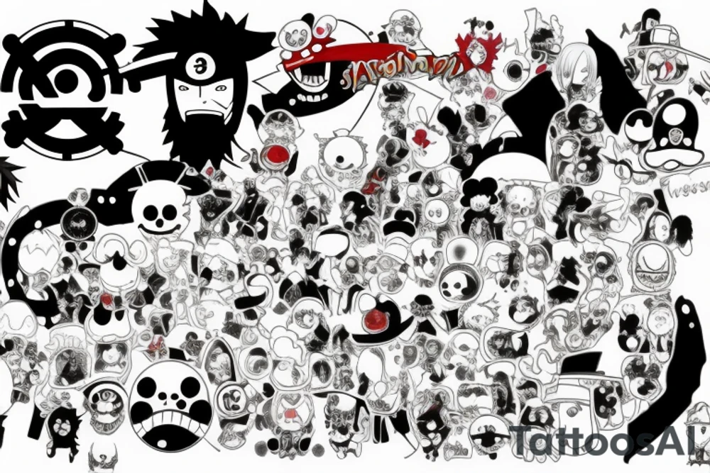 Mix of Animes like Naruto Sharingan, One Piece Strawhat, White beard Jolly Roger, A guitar and disney tattoo idea