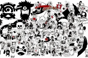 Mix of Animes like Naruto Sharingan, One Piece Strawhat, White beard Jolly Roger, A guitar and disney tattoo idea