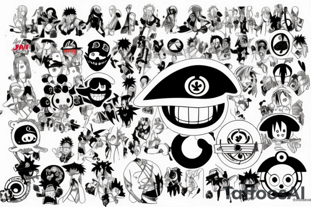 Mix of Animes like Naruto Sharingan, One Piece Strawhat, White beard Jolly Roger, A guitar and disney tattoo idea
