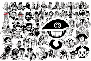Mix of Animes like Naruto Sharingan, One Piece Strawhat, White beard Jolly Roger, A guitar and disney tattoo idea