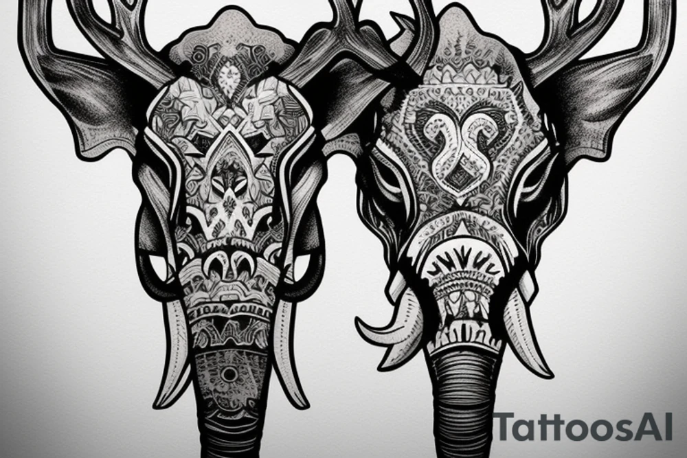 man with a deer skull riding a war elephant tattoo idea