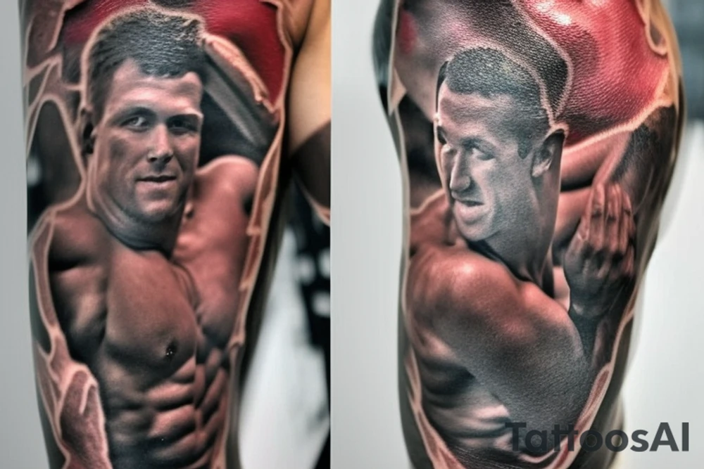 The design features a muscular arm flexing, with the words "No Pain, No Gain" written above it in bold, block letters. The arm is surrounded by barbells, dumbbells, and other weightlifting equipment, with sweat drops and veins popping out to give the tattoo a realistic and gritty feel. The tattoo is designed to inspire and motivate the wearer to push themselves to their limits and never give up, even when the going gets tough. tattoo idea