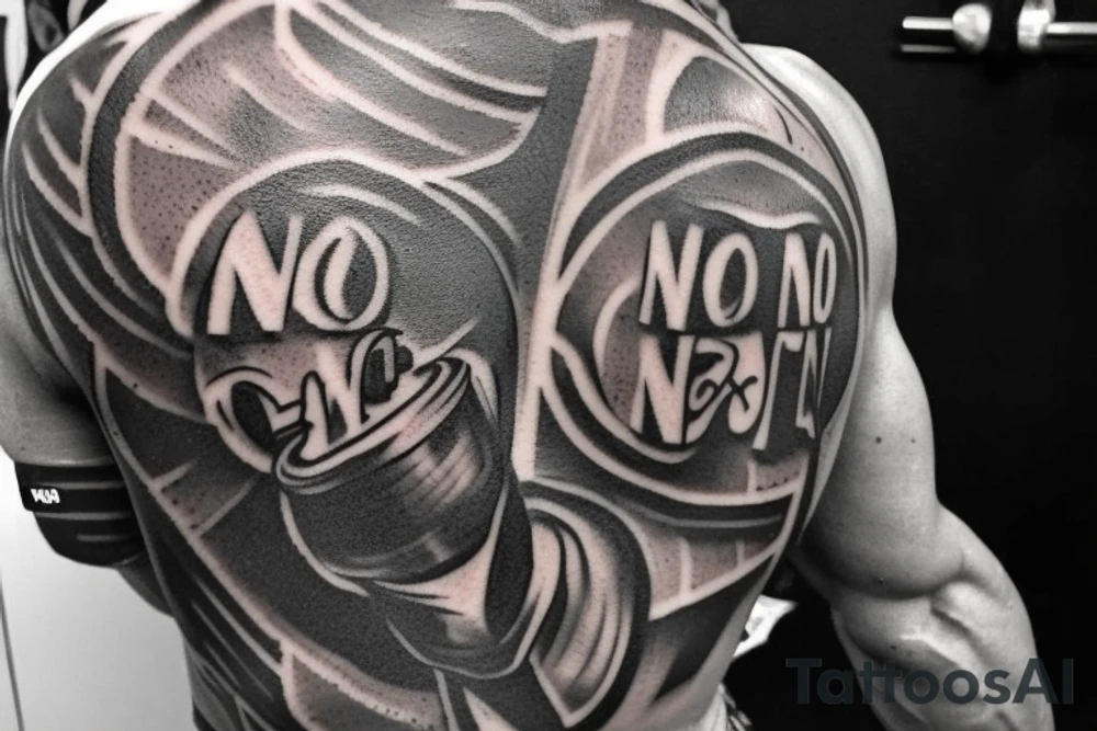 The design features a muscular arm flexing, with the words "No Pain, No Gain" written above it in bold, block letters. The arm is surrounded by barbells, dumbbells, and other weightlifting equipment, with sweat drops and veins popping out to give the tattoo a realistic and gritty feel. The tattoo is designed to inspire and motivate the wearer to push themselves to their limits and never give up, even when the going gets tough. tattoo idea