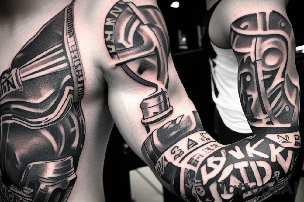 The design features a muscular arm flexing, with the words "No Pain, No Gain" written above it in bold, block letters. The arm is surrounded by barbells, dumbbells, and other weightlifting equipment, with sweat drops and veins popping out to give the tattoo a realistic and gritty feel. The tattoo is designed to inspire and motivate the wearer to push themselves to their limits and never give up, even when the going gets tough. tattoo idea