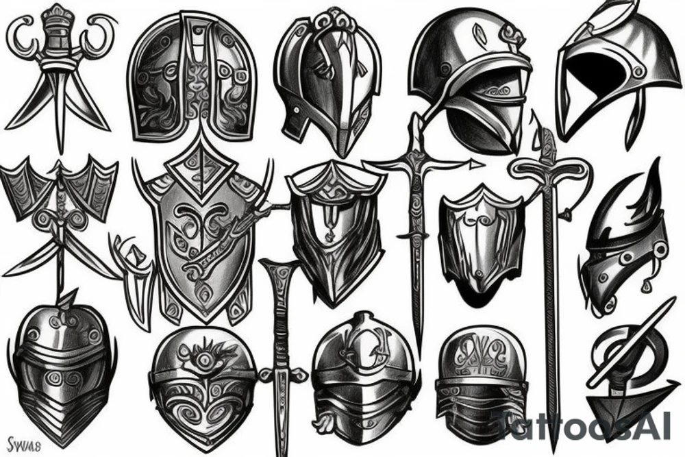 Sword and shield and helmet Roman tattoo idea