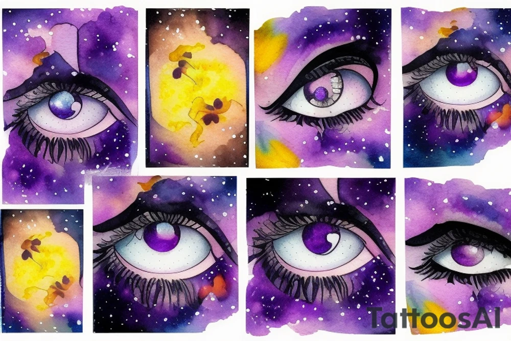 A single open eye with a purple and yellow galaxy iris tattoo idea