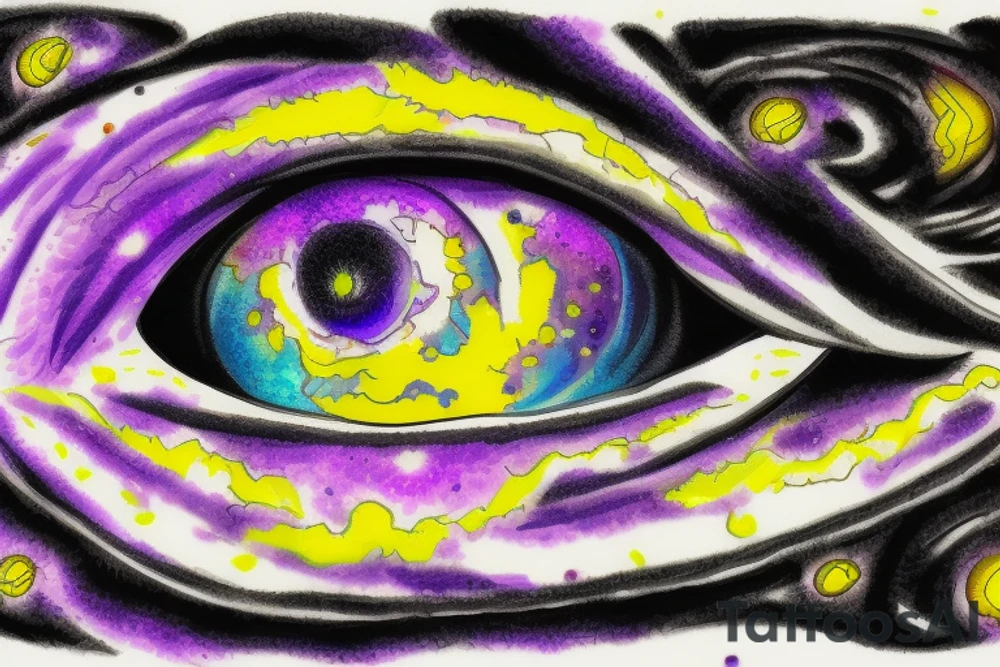 A purple and yellow galaxy eye tattoo idea