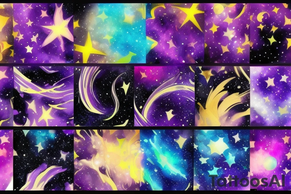 A purple and yellow galaxy eye tattoo idea
