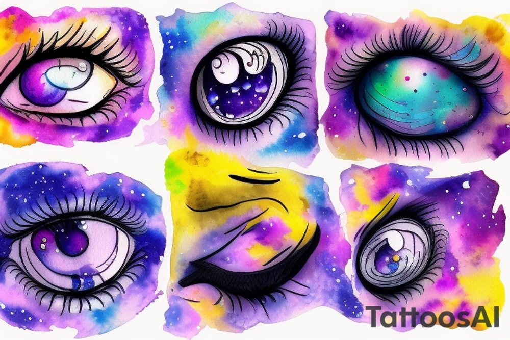 A purple and yellow galaxy eye tattoo idea