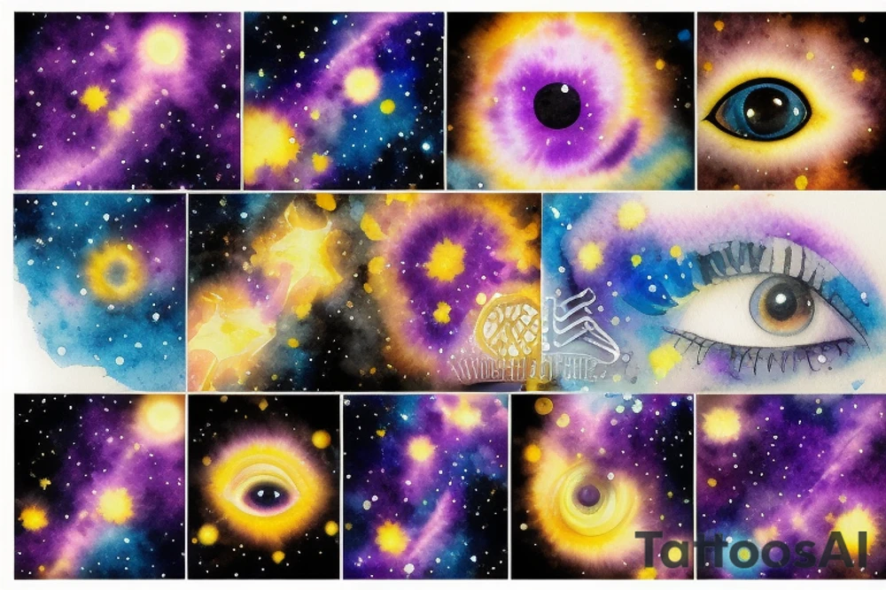 A purple and yellow galaxy eye tattoo idea