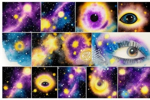 A purple and yellow galaxy eye tattoo idea